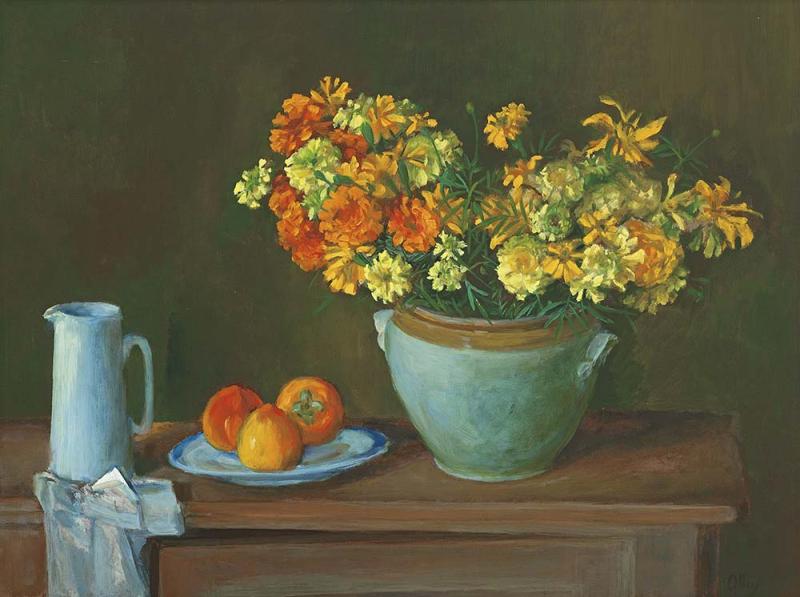 MARGARET OLLEY - Still Life with Marigolds and Persimmons
