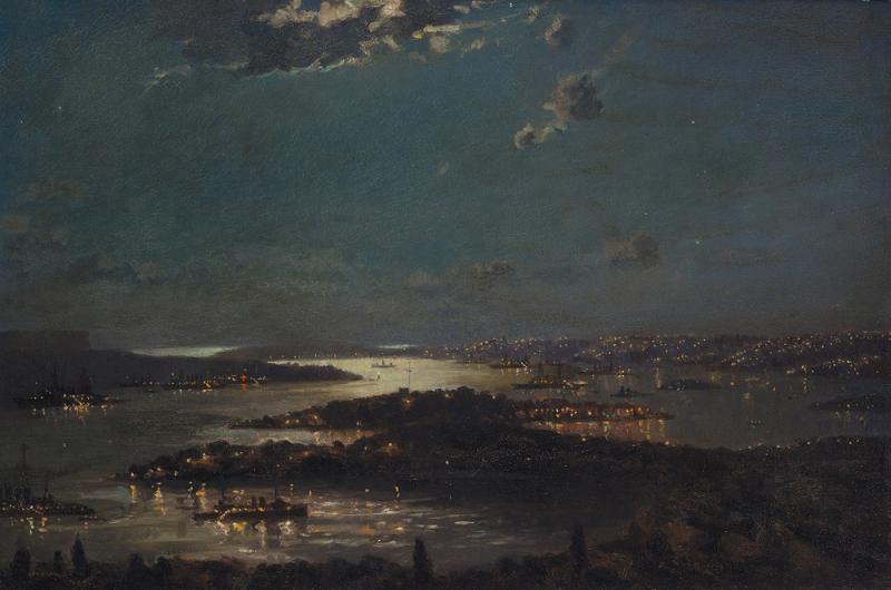 JOHN ALLCOT - Naval Fleet in Sydney Harbour at Night